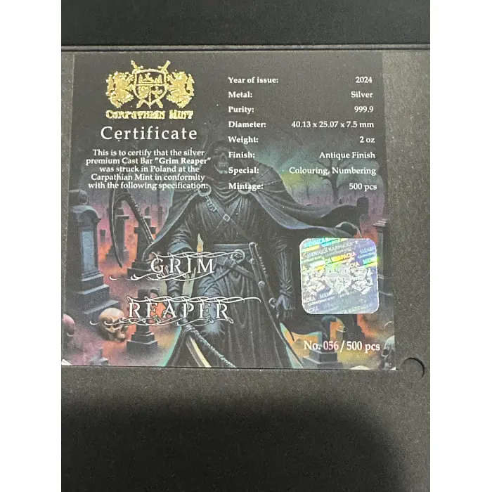 Carpathian Mint Grim Reaper 2oz colorised silver bar 2024