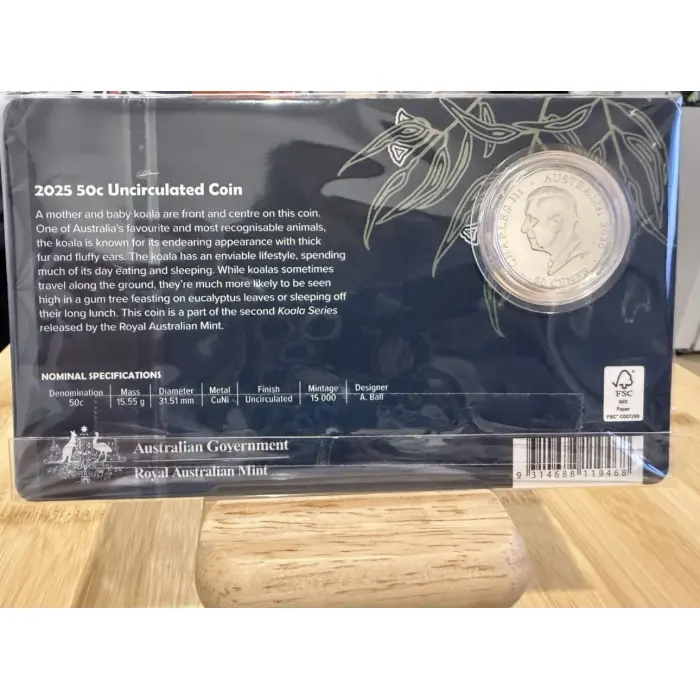 2025 Koala Series Uncirculated 50 Cent Coin in Card Low Mintage 15,000