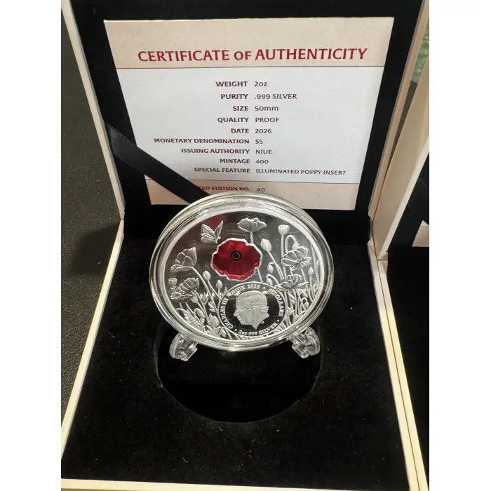2026 $5 Red Poppy Window 2oz Silver Proof Coin - Tiny Mintage 40/400