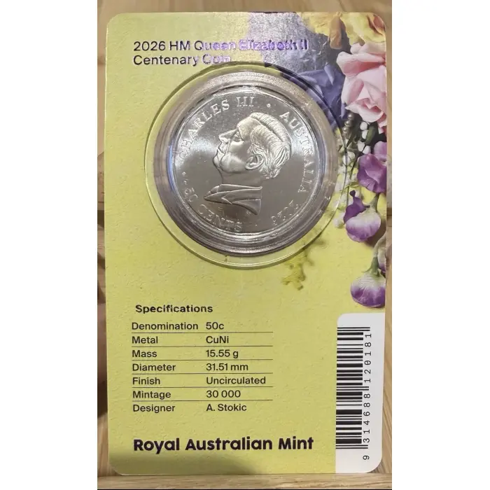 2026 Australia 50c HM Queen Elizabeth II Centenary of Birth UNC Coin in Card