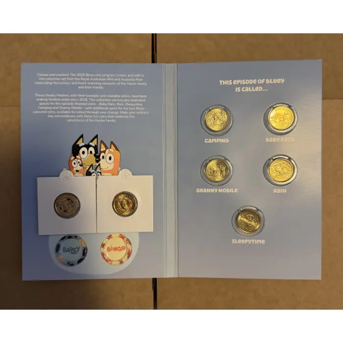 2026 BLUEY $2 UNC COLLECTOR FOLDER + 2 COLOURED uncirculated TILL COINS
