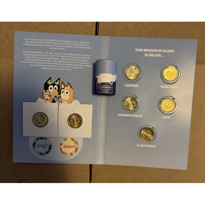 2026 BLUEY $2 UNC COLLECTOR FOLDER + 2 COLOURED uncirculated TILL COINS