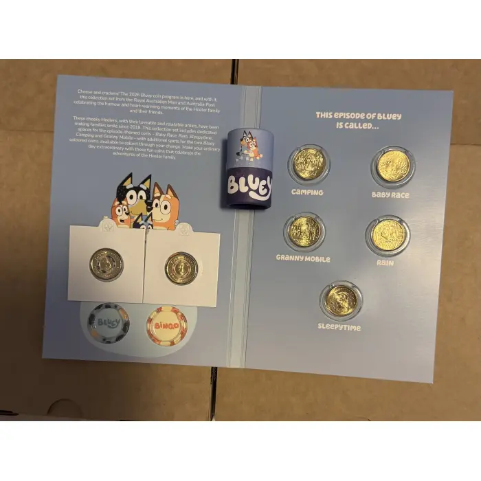 2026 BLUEY $2 UNC COLLECTOR FOLDER + 2 COLOURED uncirculated TILL COINS