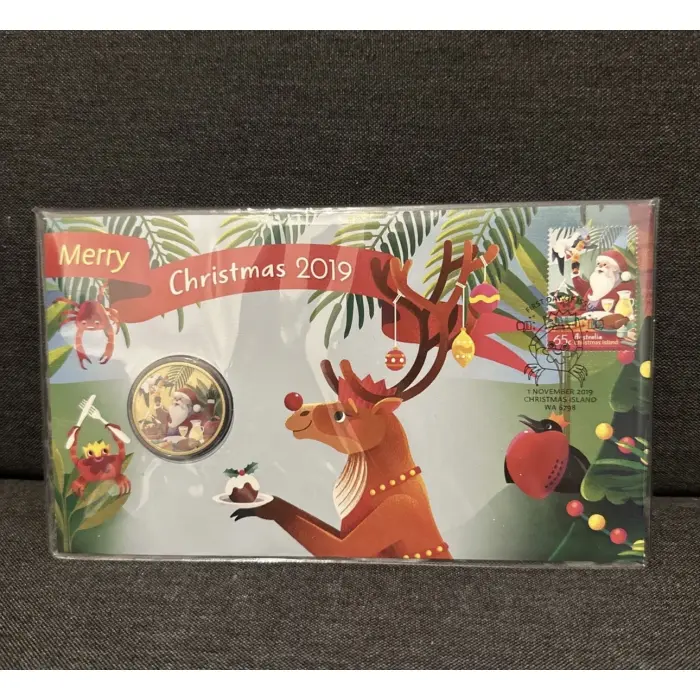 Australia 2019 PNC Merry Christmas $1 Uncirculated Coloured coin & Stamps