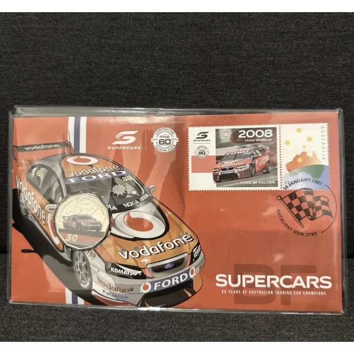 2021 Australia PNC 60 Years Supercars 2008 Ford BF Falcon 50c Cent Coloured Coin