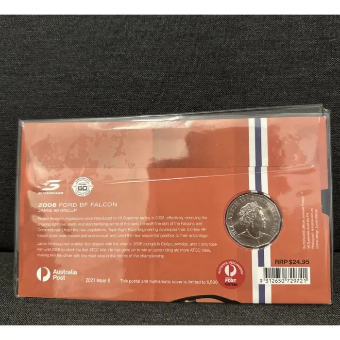 2021 Australia PNC 60 Years Supercars 2008 Ford BF Falcon 50c Cent Coloured Coin