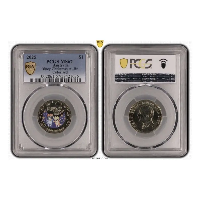 2025 $1 Bluey Christmas Colorised coin PCGS MS67