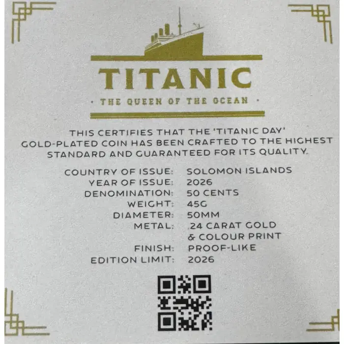  2026 Titanic Super Size Gold Plated Coin - Limited Mintage of only  2026