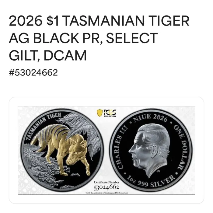 PR70DCAM Aust Tasmanian Tiger 2026 Gold-plated 1oz Silver Black Proof Coin 