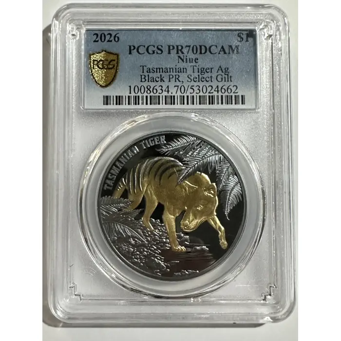 PR70DCAM Aust Tasmanian Tiger 2026 Gold-plated 1oz Silver Black Proof Coin 