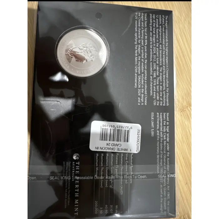 2024 Lunar Series III Year of the White Dragon 1oz Silver Coloured Coin in Card
