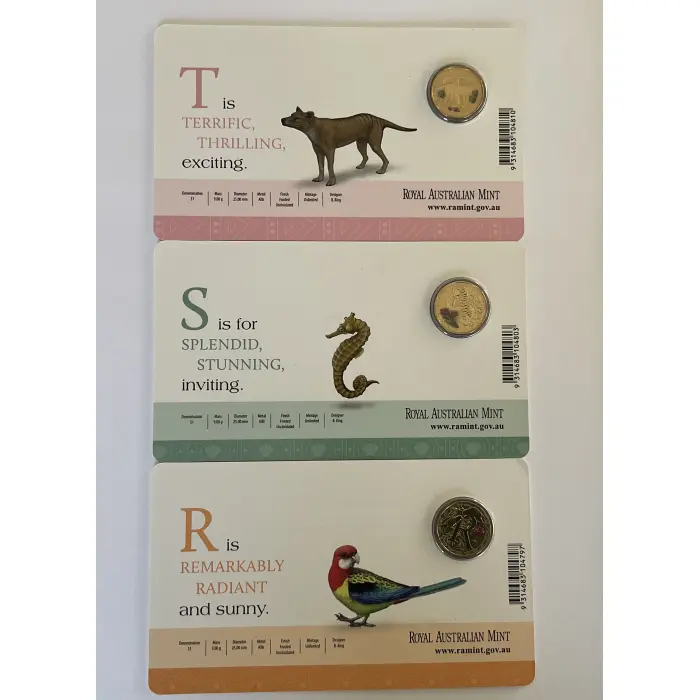 Set of 3 2015 $1 Aussie Alphabet Colour Frosted UNC Coins Inc R, S, T