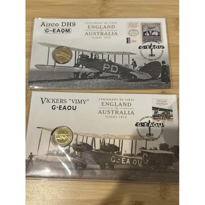 2019 $1 Privy mark Airco DH-9 G-EAQM & Vickers Vimy G-EAOU PNC Pair