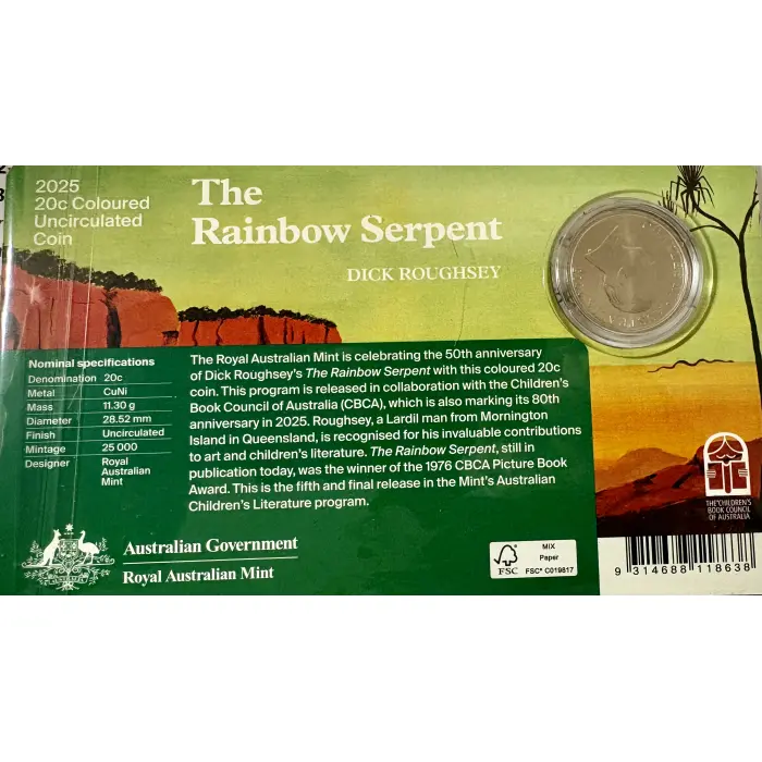 2025 50th Anniversary of The Rainbow Serpent 20c UNC Coloured Coin in Card