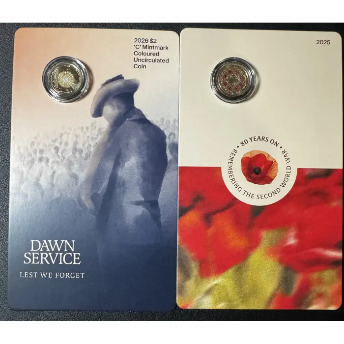 2026 $2 Dawn Service and Poppy Wreath ‘C’ Mintmark on card