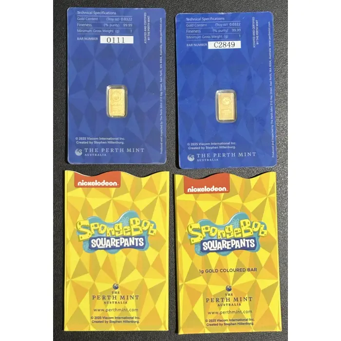 SPONGEBOB  SQUAREPANTS 1st and 2nd EDITION 1 gram 99.99% pure GOLD BARS 