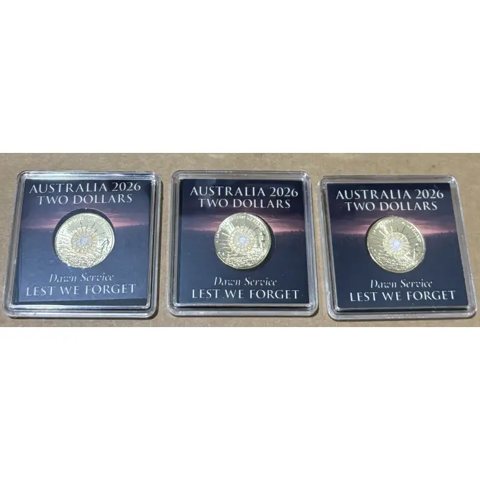 2026 Dawn Service Lest We Forget uncirculated $2 Coins in protective sleeve.