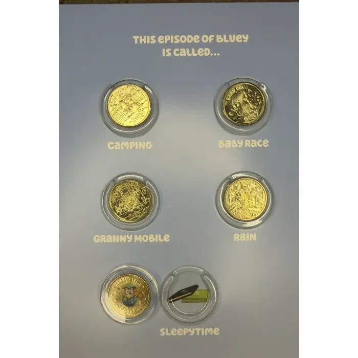 2026 Bluey Tube & Folder Set + Rare Coloured Sleepytime Coin + 2 Till Coins