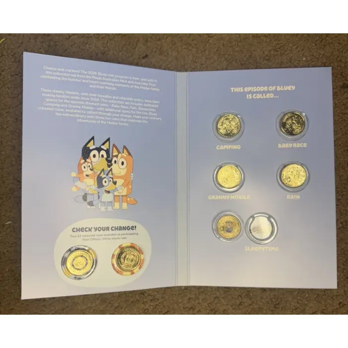 2026 Bluey Tube & Folder Set + Rare Coloured Sleepytime Coin + 2 Till Coins
