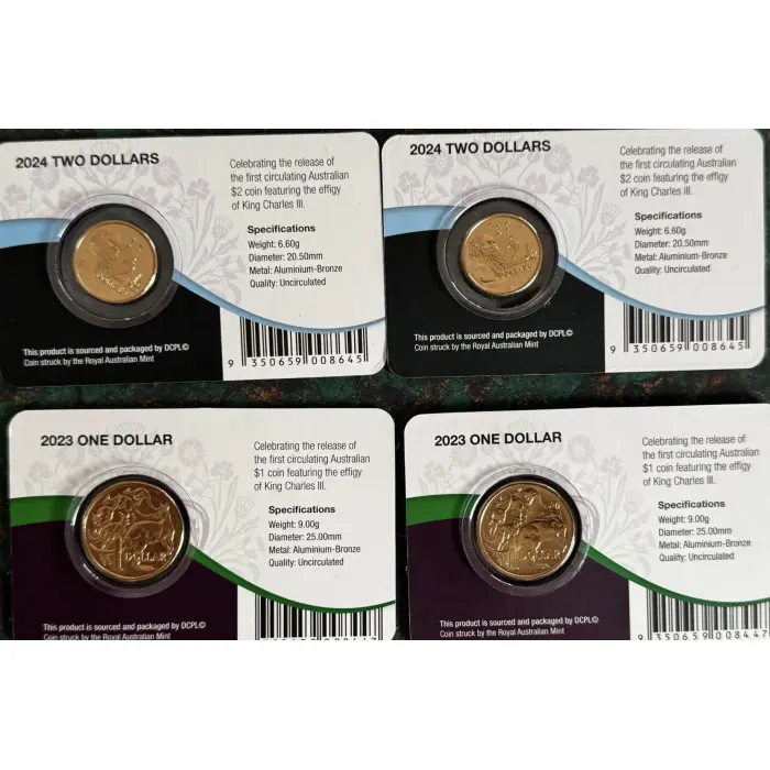 2023 $1 and 2024 $2 First Year of Issue King Charles on Downies Card