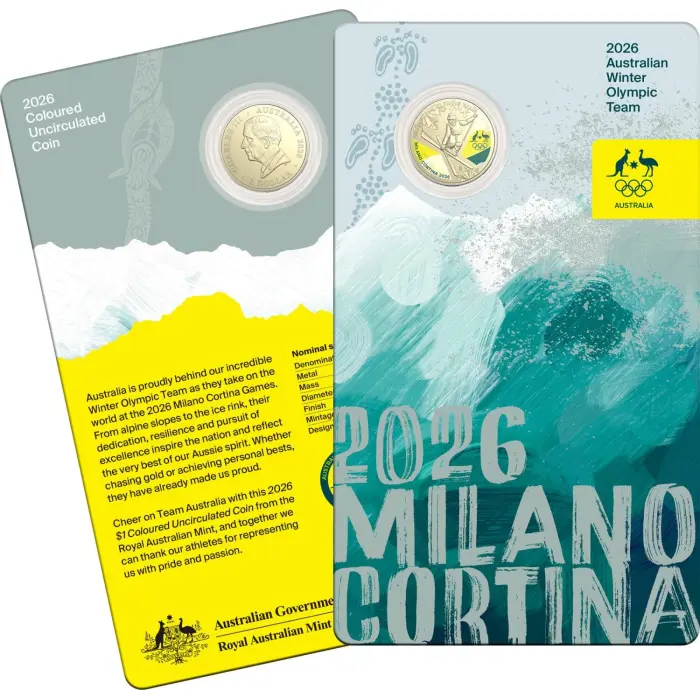 2026 $1 Winter Olympics AlBr Coloured UNC Coin on Card