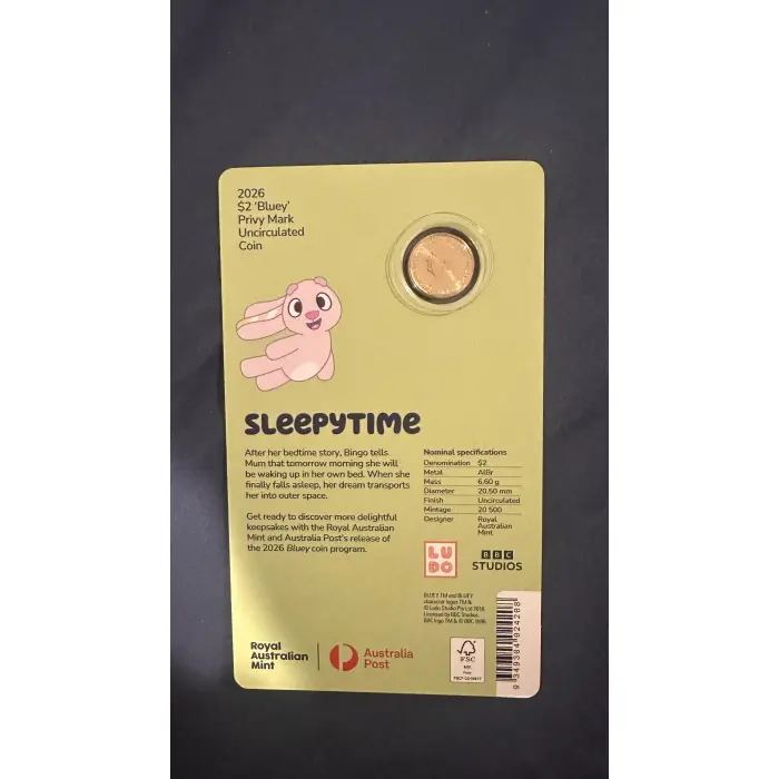2026 Bluey Sleepy Time $2 Privy Mark Uncirculated Coin in Card - Sleepytime