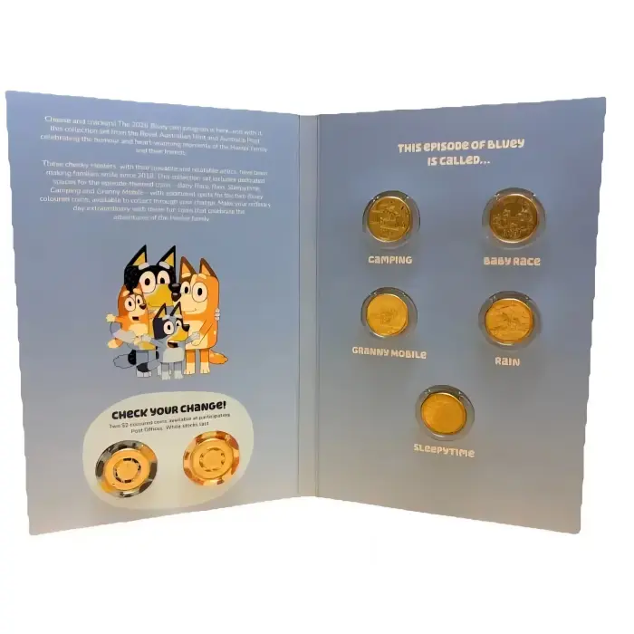 Bluey 7 coin folder including 2 till coins.