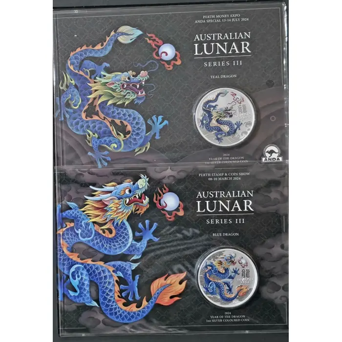 2024 The Perth Mint Lunar Dragon Set – 9 x 1oz Silver Coloured Coins  (ANDA)