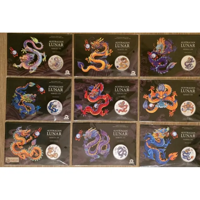 2024 The Perth Mint Lunar Dragon Set – 9 x 1oz Silver Coloured Coins  (ANDA)