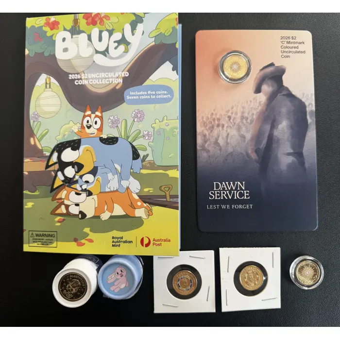 Bluey 2026 Folder Opened Tube Set + Till Coins + $2 Dawn CMint card and Unc coin