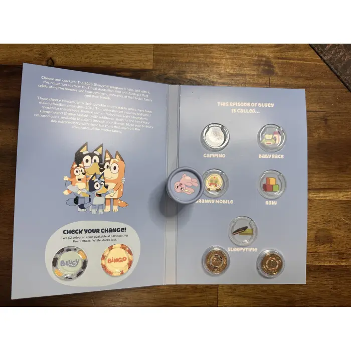 BLUEY $2  Collection Folder and Five-Coin Set + BONUS BLUEY BINGO TILL COINS