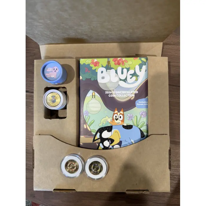COLOURED SLEEPYTIME - 2026 BLUEY $2 UNC COLLECTOR FOLDER + 2 COLOURED TILL COINS