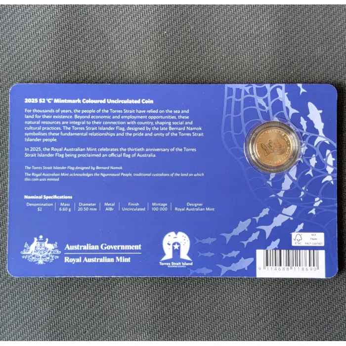 2025 $2 Torres Strait Islander Flag 'C' Mintmark Coloured Uncirculated Carded