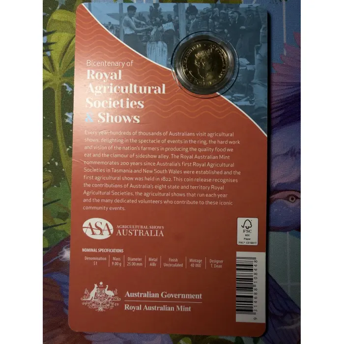 2022 $1 BICENTENARY OF THE ROYAL AGRICULTURAL SOCIETIES & SHOW COLOURED CARDED