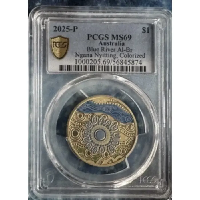 2025-P $1 One Dollar Ngana Nyitting Blue River PCGS Graded MS69 Coloured Coin