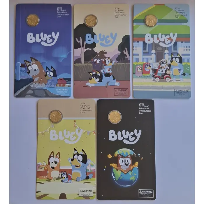 2026 $2 Bluey Carded Coin Set with 'Privy Mark' (5 x Carded Coins)