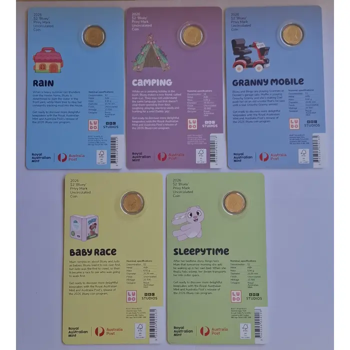 2026 $2 Bluey Carded Coin Set with 'Privy Mark' (5 x Carded Coins)