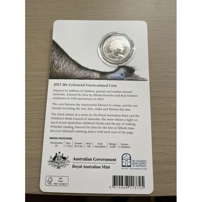Edward the emu 2023 20c coloured uncirculated coin