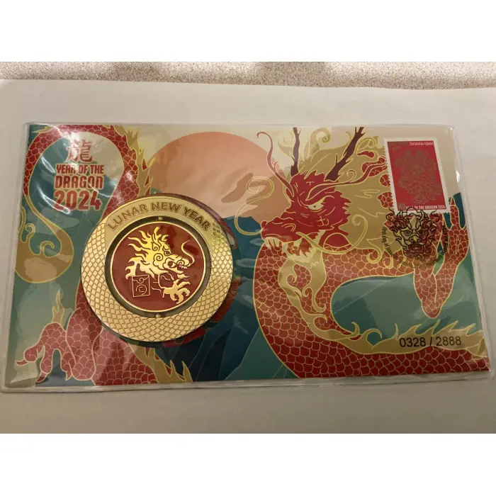 2024  year of the dragon lunar new year stamp and medallion 