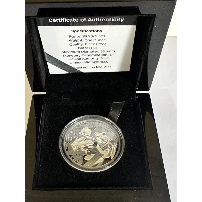 2024 1oz Silver Black Proof Aust at Night  - Red eyed tree frog 