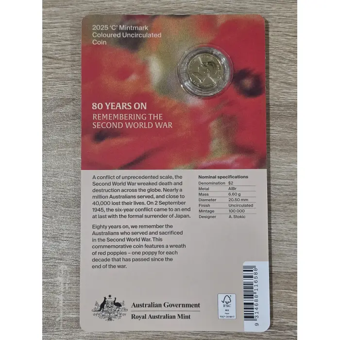 2025 80th Anniversary WWII $2 Mintmark Coloured Uncirculated Coin – Poppy Wreath