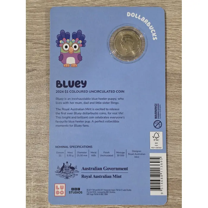  2024 $1 AlBr Coloured Uncirculated Carded Coin - Blue Dollarbucks - BLUEY 2024 
