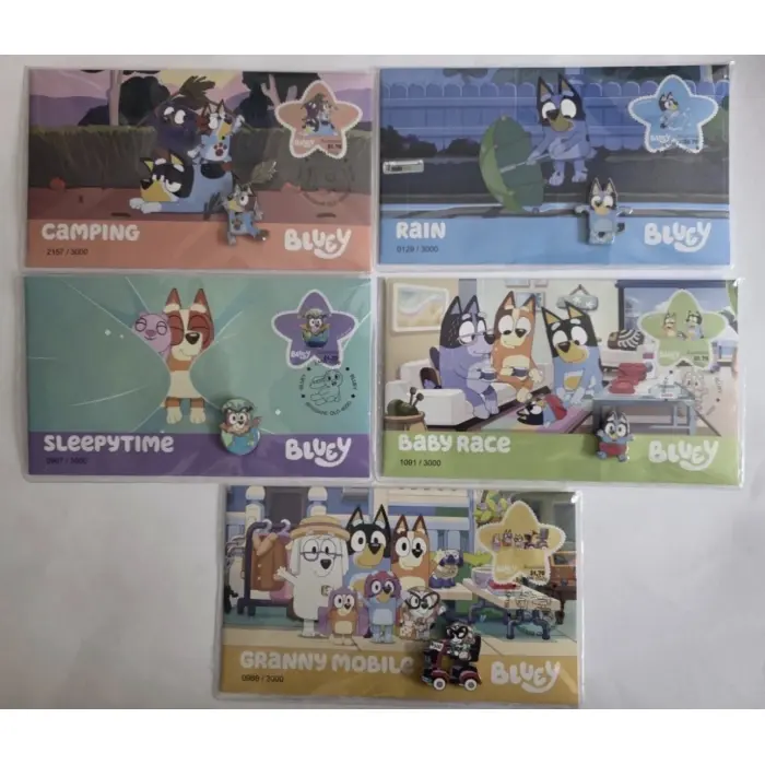 2026 Bluey Stamp and Pin Cover, Full Set of 5-Australia Post, Mintage 3,000 Only