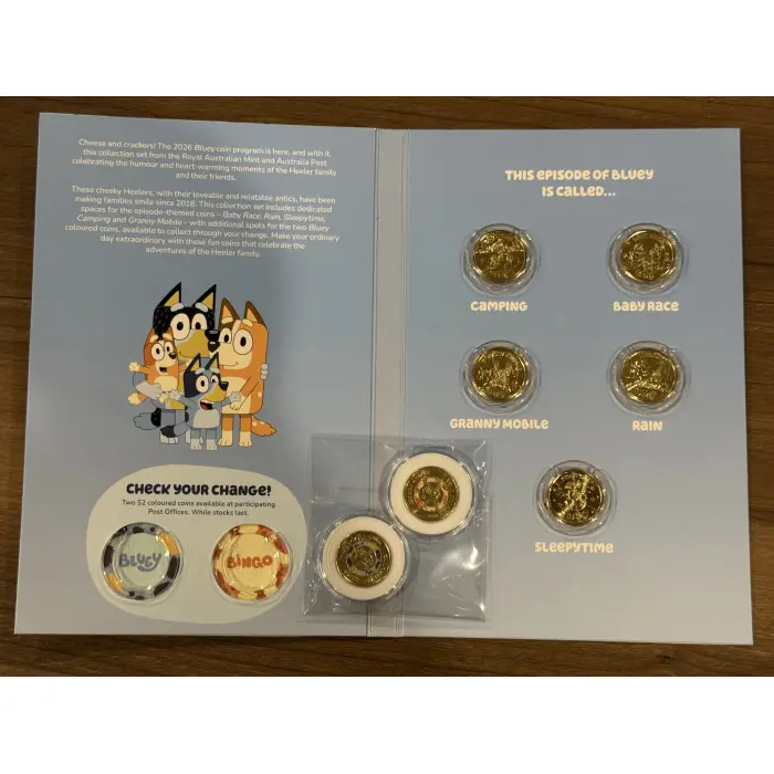 2026 Bluey $2 UNC Collector Folder with 5 coins set , plus 2 coloured till coins