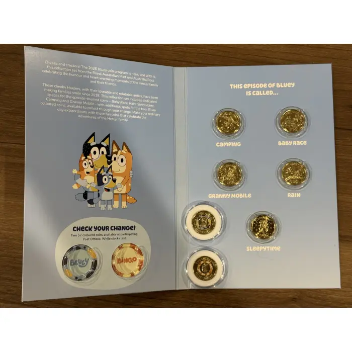 2026 Bluey $2 UNC Collector Folder with 5 coins set , plus 2 coloured till coins
