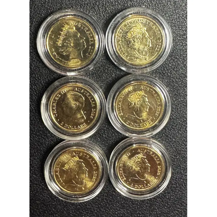 6 x $2 Unc Coins - Coronation, Honeybee, 75th Ann of WW11, firefighter and more