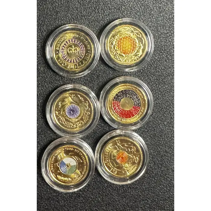 6 x $2 Unc Coins - Coronation, Honeybee, 75th Ann of WW11, firefighter and more