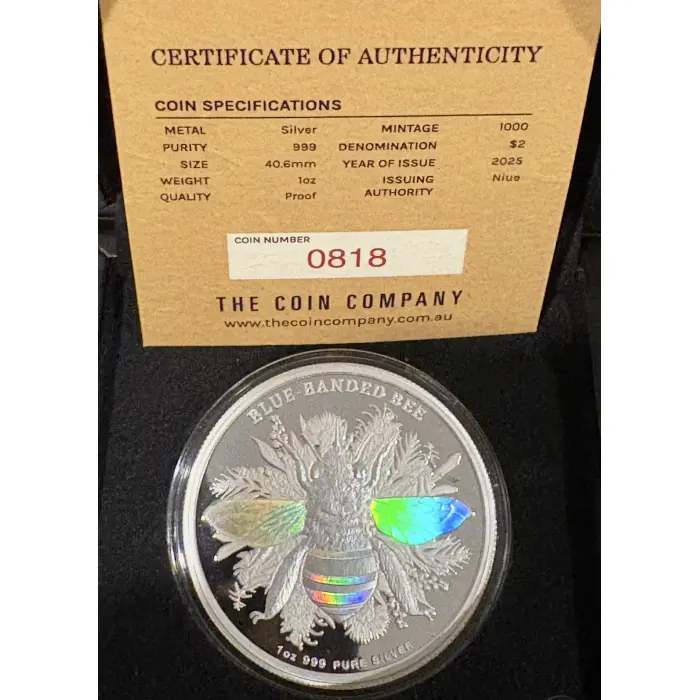 🐝 2025 $2 Native Bee – Blue-banded Bee Niue 1oz Hologram Silver Proof Coin 🐝