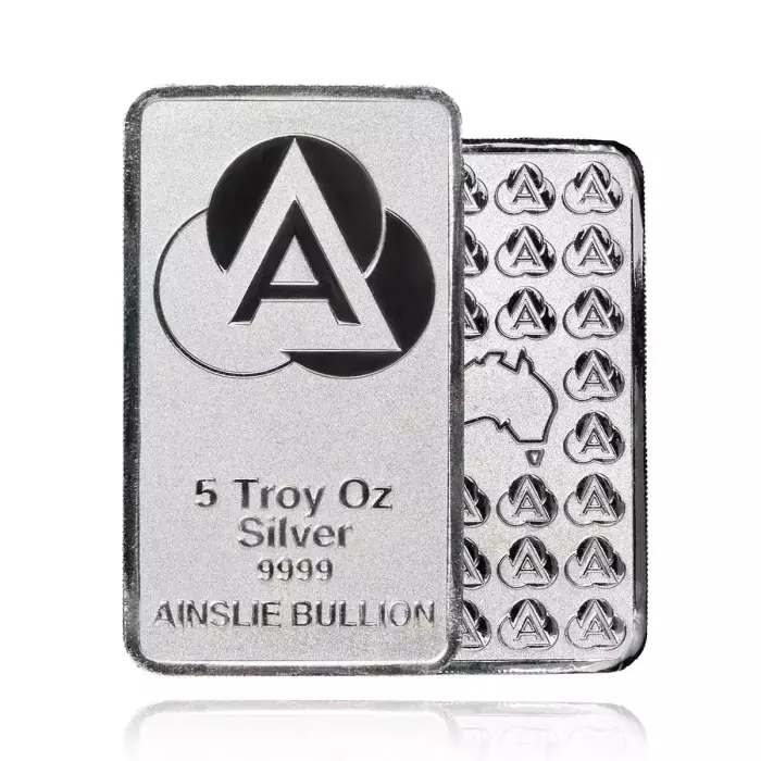 Ainslie Bullion 5oz Minted Silver Bar — .9999 Fine Silver