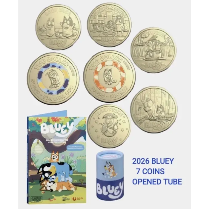 2026 Bluey $2 Full Set 7 Coins - 5 In OPENED tube & 2 coloured Till coins 